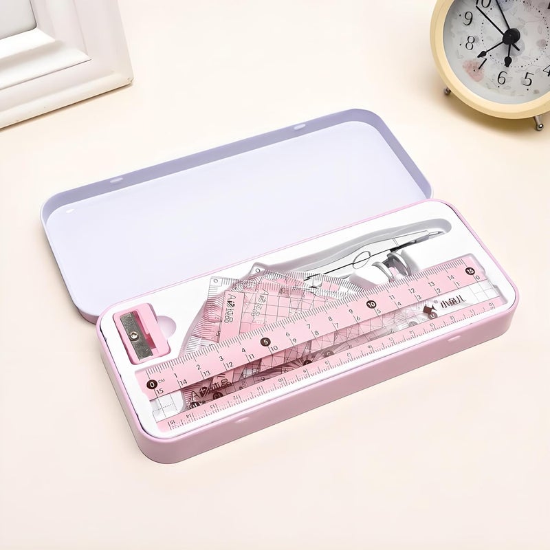 waremew 8 Pcs Compass/Math Set for Students with Shatterproof Storage Box, Geometry Set for School, Includes Ruler, Protractor, Compass, Pencil,Pencil Sharpener and Eraser,etc. Perfect Gift (Pink) - Image 5